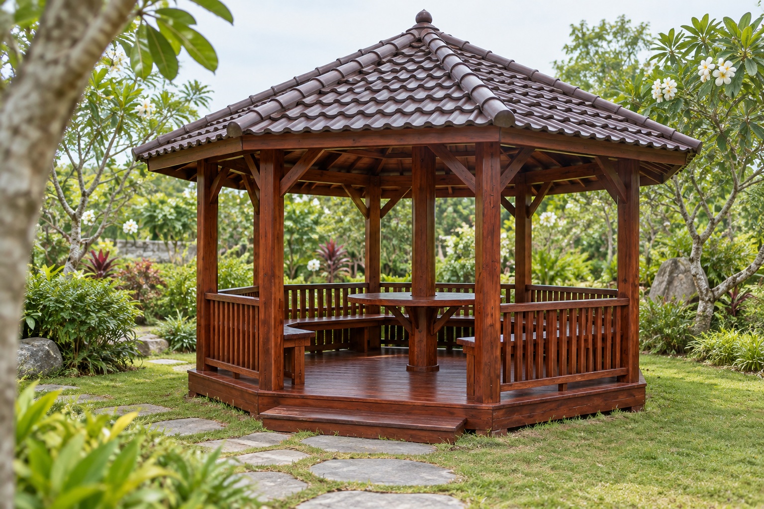 Chòi Gỗ Sân Vườn T108 - Lục Giác Bàn Tròn Ôm Cột Giữa, Gỗ Thông Màu Nâu Đỏ Chòi Gỗ Sân Vườn T108 - Lục Giác Bàn Tròn Ôm Cột Giữa, Gỗ Thông Màu Nâu Đỏ