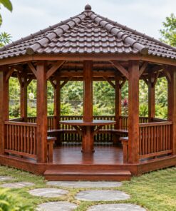 Chòi Gỗ Sân Vườn T108 - Lục Giác Bàn Tròn Ôm Cột Giữa, Gỗ Thông Màu Nâu Đỏ