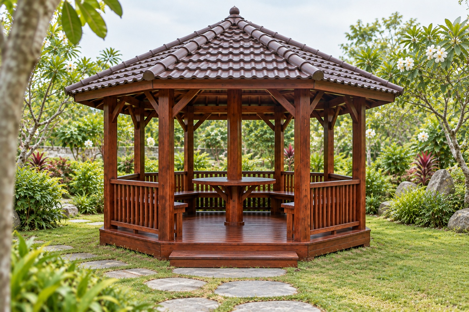 Chòi Gỗ Sân Vườn T108 - Lục Giác Bàn Tròn Ôm Cột Giữa, Gỗ Thông Màu Nâu Đỏ Chòi Gỗ Sân Vườn T108 - Lục Giác Bàn Tròn Ôm Cột Giữa, Gỗ Thông Màu Nâu Đỏ