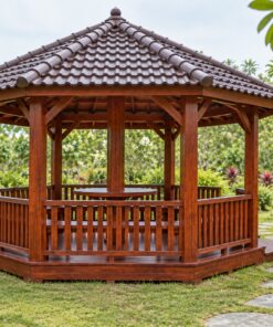 Chòi Gỗ Sân Vườn T108 - Lục Giác Bàn Tròn Ôm Cột Giữa, Gỗ Thông Màu Nâu Đỏ