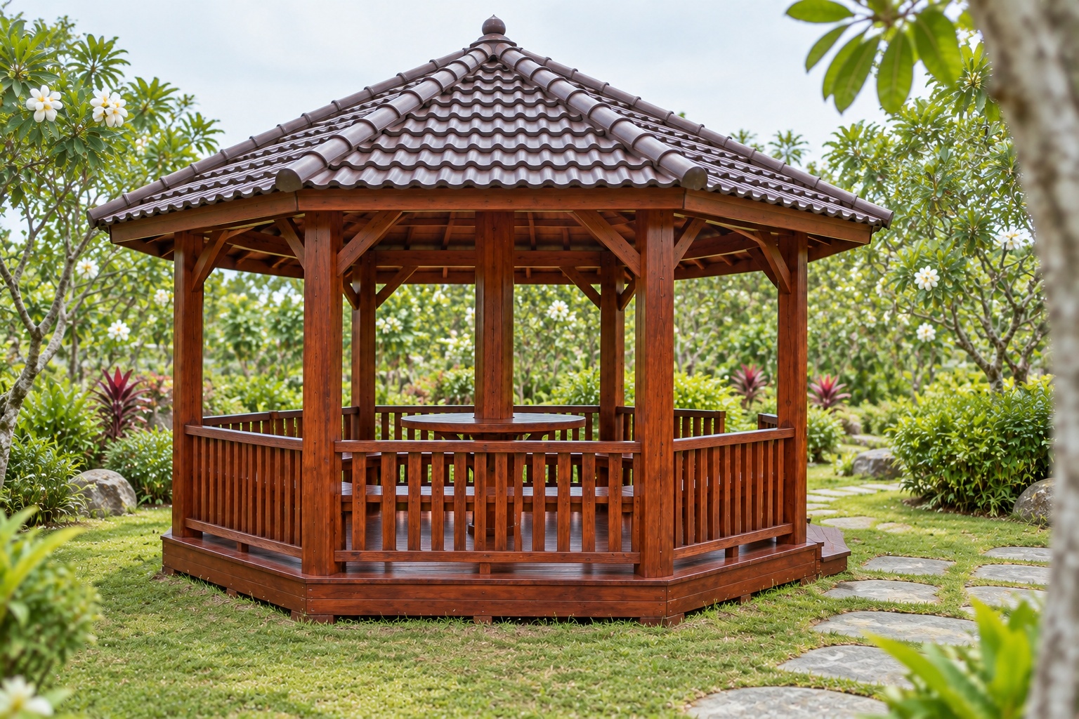 Chòi Gỗ Sân Vườn T108 - Lục Giác Bàn Tròn Ôm Cột Giữa, Gỗ Thông Màu Nâu Đỏ Chòi Gỗ Sân Vườn T108 - Lục Giác Bàn Tròn Ôm Cột Giữa, Gỗ Thông Màu Nâu Đỏ