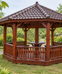 Chòi Gỗ Sân Vườn T108 - Lục Giác Bàn Tròn Ôm Cột Giữa, Gỗ Thông Màu Nâu Đỏ