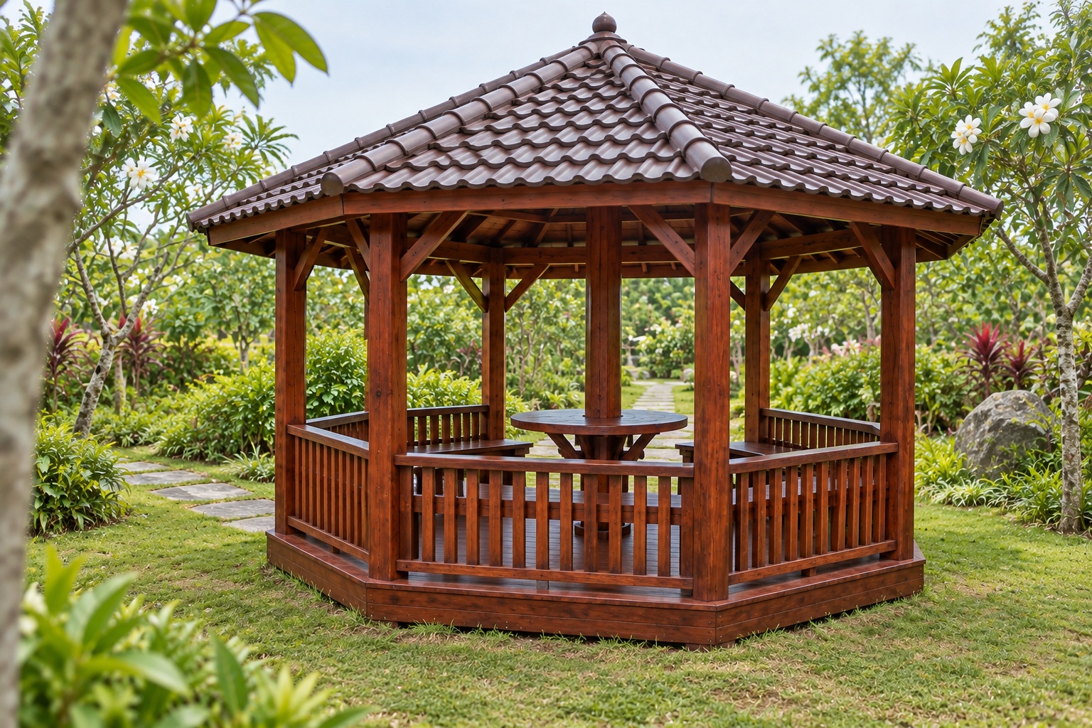 Chòi Gỗ Sân Vườn T108 - Lục Giác Bàn Tròn Ôm Cột Giữa, Gỗ Thông Màu Nâu Đỏ Chòi Gỗ Sân Vườn T108 - Lục Giác Bàn Tròn Ôm Cột Giữa, Gỗ Thông Màu Nâu Đỏ