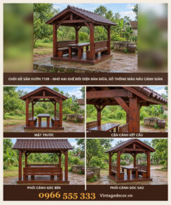 Chòi Gỗ Sân Vườn T109 - Nhỏ Hai Ghế Đối Diện Bàn Giữa, Gỗ Thông Màu Nâu Cánh Gián