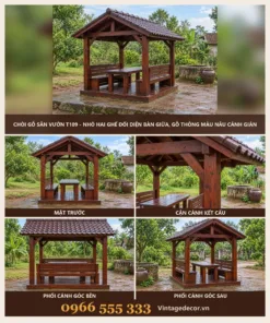 Chòi Gỗ Sân Vườn T109 - Nhỏ Hai Ghế Đối Diện Bàn Giữa, Gỗ Thông Màu Nâu Cánh Gián