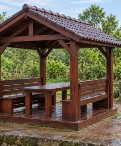 Chòi Gỗ Sân Vườn T109 - Nhỏ Hai Ghế Đối Diện Bàn Giữa, Gỗ Thông Màu Nâu Cánh Gián