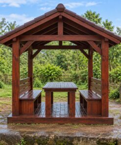 Chòi Gỗ Sân Vườn T109 - Nhỏ Hai Ghế Đối Diện Bàn Giữa, Gỗ Thông Màu Nâu Cánh Gián
