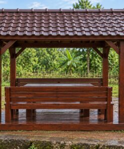 Chòi Gỗ Sân Vườn T109 - Nhỏ Hai Ghế Đối Diện Bàn Giữa, Gỗ Thông Màu Nâu Cánh Gián