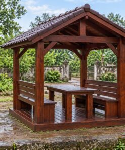 Chòi Gỗ Sân Vườn T109 - Nhỏ Hai Ghế Đối Diện Bàn Giữa, Gỗ Thông Màu Nâu Cánh Gián