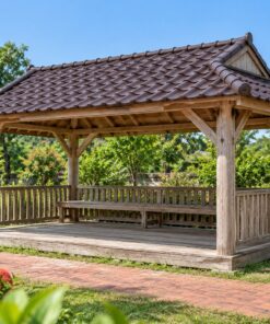 Chòi Gỗ Sân Vườn T110 - Mái Hông Đầu Hồi Nhỏ Cột Tròn, Gỗ Thông Màu Vintage