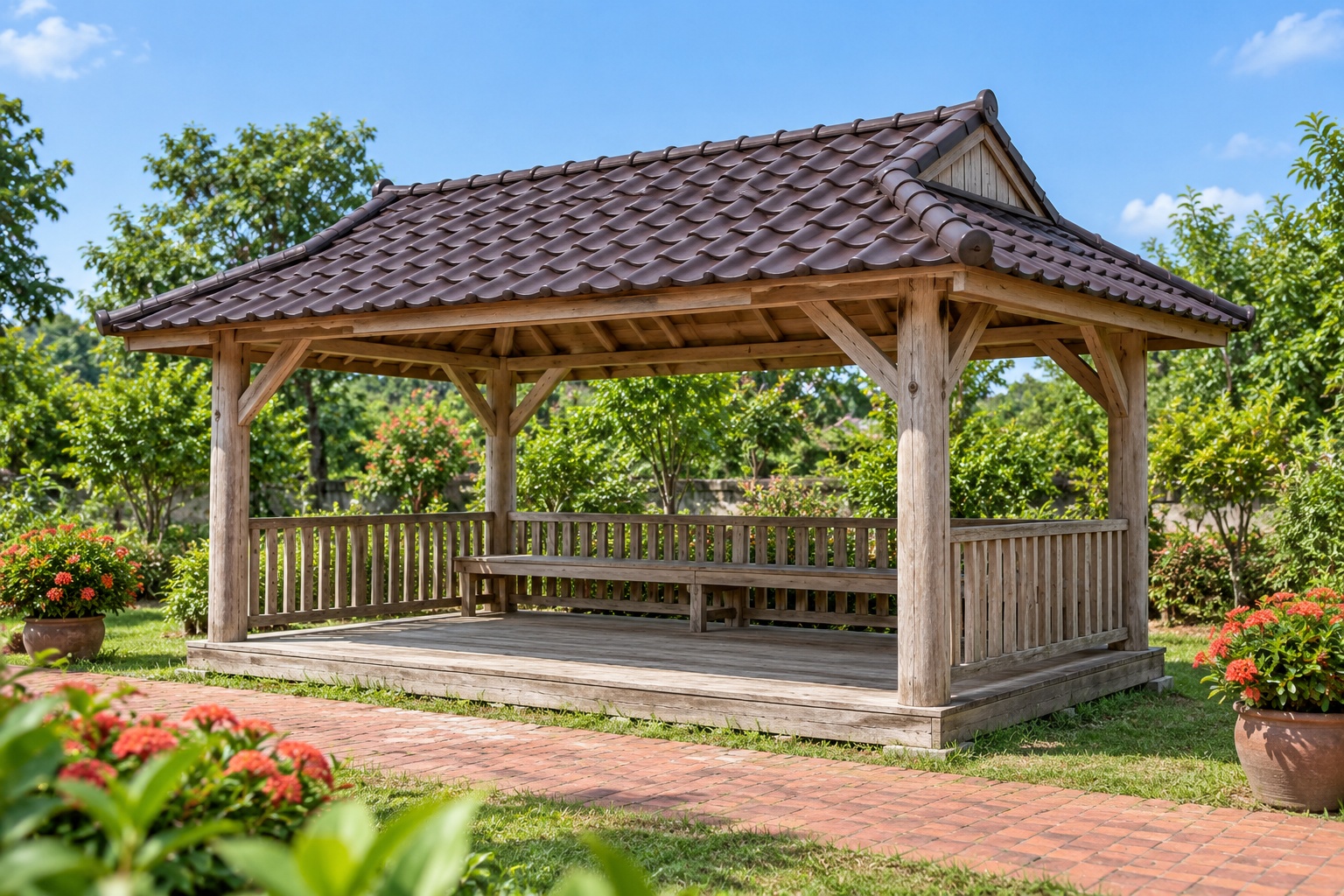 Chòi Gỗ Sân Vườn T110 - Mái Hông Đầu Hồi Nhỏ Cột Tròn, Gỗ Thông Màu Vintage Chòi Gỗ Sân Vườn T110 - Mái Hông Đầu Hồi Nhỏ Cột Tròn, Gỗ Thông Màu Vintage