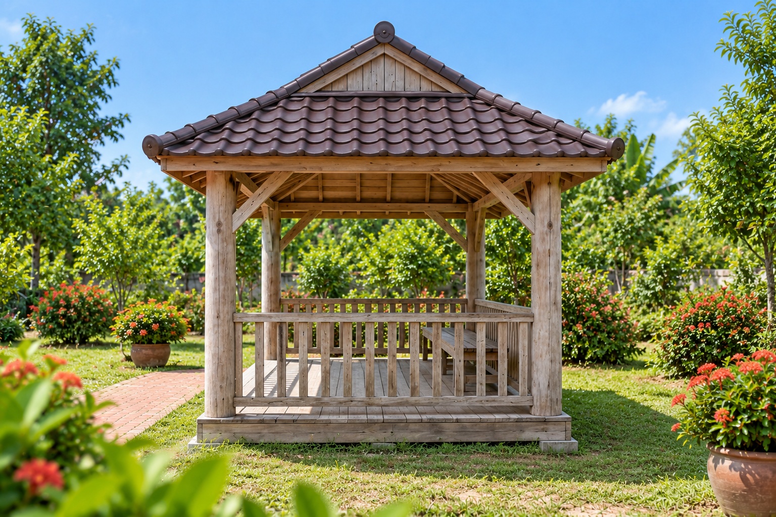 Chòi Gỗ Sân Vườn T110 - Mái Hông Đầu Hồi Nhỏ Cột Tròn, Gỗ Thông Màu Vintage Chòi Gỗ Sân Vườn T110 - Mái Hông Đầu Hồi Nhỏ Cột Tròn, Gỗ Thông Màu Vintage