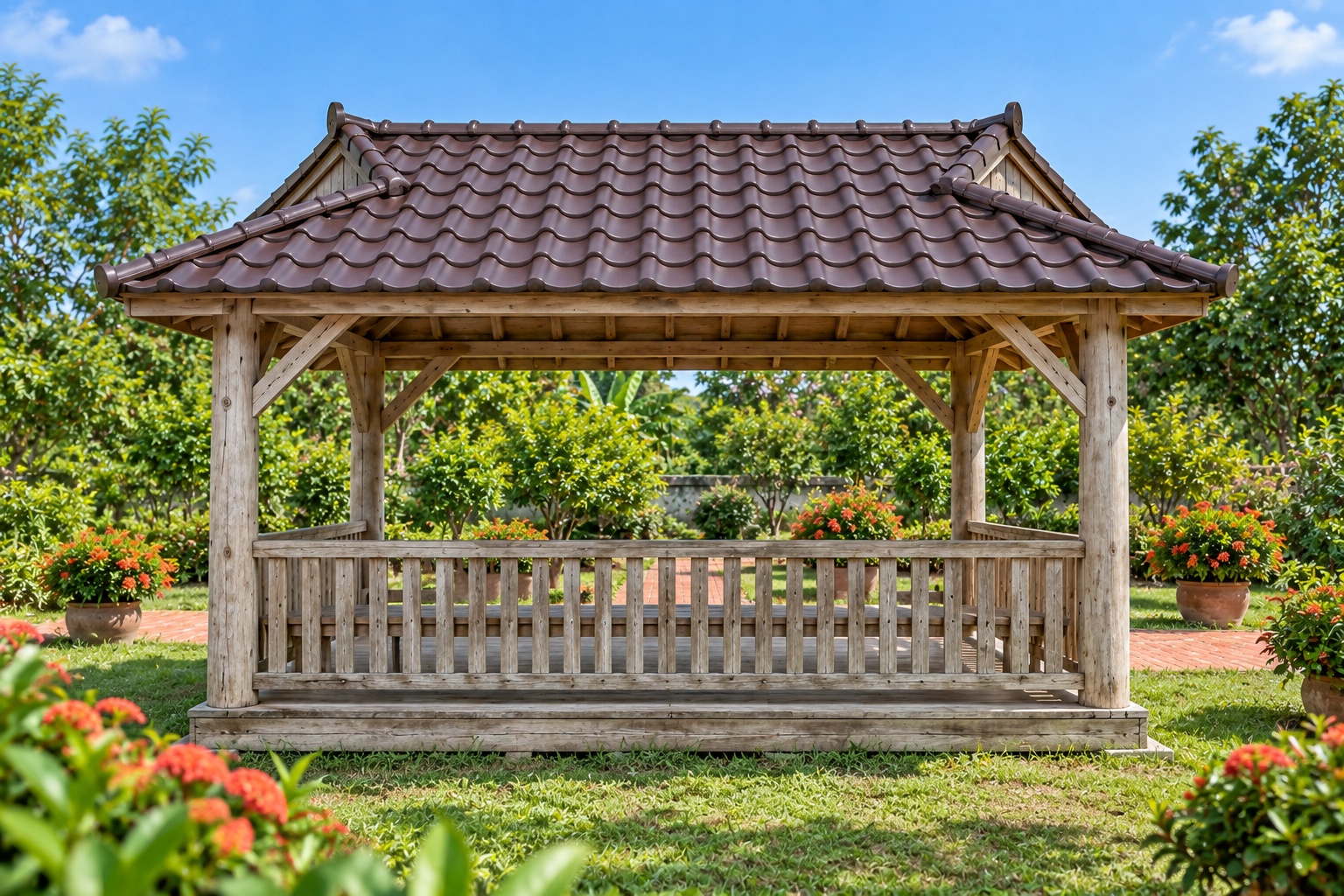 Chòi Gỗ Sân Vườn T110 - Mái Hông Đầu Hồi Nhỏ Cột Tròn, Gỗ Thông Màu Vintage Chòi Gỗ Sân Vườn T110 - Mái Hông Đầu Hồi Nhỏ Cột Tròn, Gỗ Thông Màu Vintage