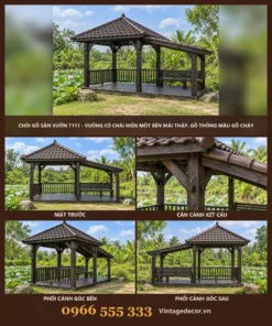 Chòi Gỗ Sân Vườn T111 - Vuông Có Chái Hiên Một Bên Mái Thấp, Gỗ Thông Màu Gỗ Cháy
