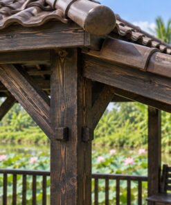 Chòi Gỗ Sân Vườn T111 - Vuông Có Chái Hiên Một Bên Mái Thấp, Gỗ Thông Màu Gỗ Cháy