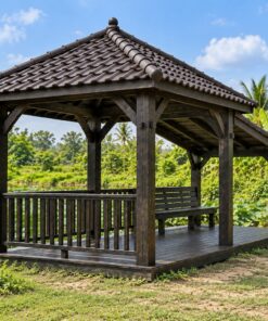 Chòi Gỗ Sân Vườn T111 - Vuông Có Chái Hiên Một Bên Mái Thấp, Gỗ Thông Màu Gỗ Cháy