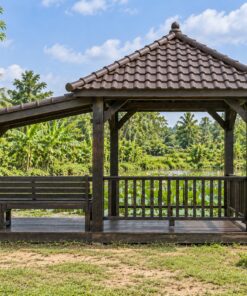 Chòi Gỗ Sân Vườn T111 - Vuông Có Chái Hiên Một Bên Mái Thấp, Gỗ Thông Màu Gỗ Cháy