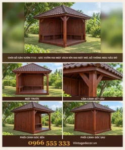 Chòi Gỗ Sân Vườn T112 - Góc Vườn Hai Mặt Vách Kín Hai Mặt Mở, Gỗ Thông Màu Nâu Đỏ