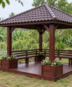 Chòi Gỗ Sân Vườn T113 - Vuông Bồn Hoa Gỗ Liền Bốn Góc Sàn, Gỗ Thông Màu Nâu Cánh Gián