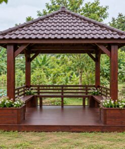Chòi Gỗ Sân Vườn T113 - Vuông Bồn Hoa Gỗ Liền Bốn Góc Sàn, Gỗ Thông Màu Nâu Cánh Gián