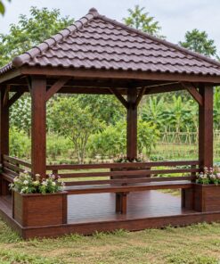 Chòi Gỗ Sân Vườn T113 - Vuông Bồn Hoa Gỗ Liền Bốn Góc Sàn, Gỗ Thông Màu Nâu Cánh Gián
