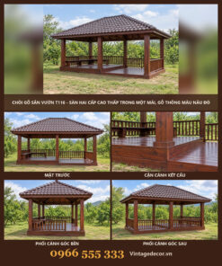Chòi Gỗ Sân Vườn T116 - Sàn Hai Cấp Cao Thấp Trong Một Mái, Gỗ Thông Màu Nâu Đỏ