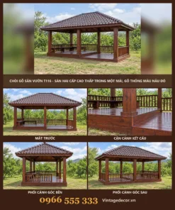 Chòi Gỗ Sân Vườn T116 - Sàn Hai Cấp Cao Thấp Trong Một Mái, Gỗ Thông Màu Nâu Đỏ