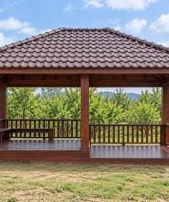 Chòi Gỗ Sân Vườn T116 - Sàn Hai Cấp Cao Thấp Trong Một Mái, Gỗ Thông Màu Nâu Đỏ