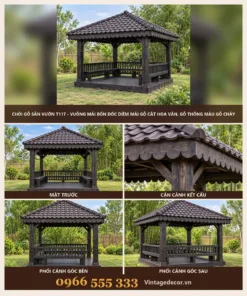 Chòi Gỗ Sân Vườn T117 - Vuông Mái Bốn Dốc Diềm Mái Gỗ Cắt Hoa Văn, Gỗ Thông Màu Gỗ Cháy