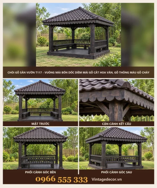 Chòi Gỗ Sân Vườn T117 - Vuông Mái Bốn Dốc Diềm Mái Gỗ Cắt Hoa Văn, Gỗ Thông Màu Gỗ Cháy Chòi Gỗ Sân Vườn T117 - Vuông Mái Bốn Dốc Diềm Mái Gỗ Cắt Hoa Văn, Gỗ Thông Màu Gỗ Cháy
