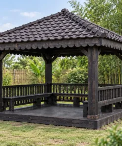 Chòi Gỗ Sân Vườn T117 - Vuông Mái Bốn Dốc Diềm Mái Gỗ Cắt Hoa Văn, Gỗ Thông Màu Gỗ Cháy