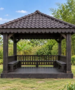 Chòi Gỗ Sân Vườn T117 - Vuông Mái Bốn Dốc Diềm Mái Gỗ Cắt Hoa Văn, Gỗ Thông Màu Gỗ Cháy