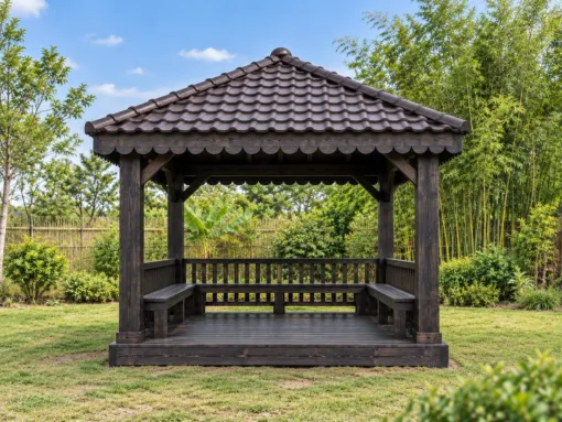 Chòi Gỗ Sân Vườn T117 - Vuông Mái Bốn Dốc Diềm Mái Gỗ Cắt Hoa Văn, Gỗ Thông Màu Gỗ Cháy Chòi Gỗ Sân Vườn T117 - Vuông Mái Bốn Dốc Diềm Mái Gỗ Cắt Hoa Văn, Gỗ Thông Màu Gỗ Cháy