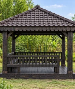 Chòi Gỗ Sân Vườn T117 - Vuông Mái Bốn Dốc Diềm Mái Gỗ Cắt Hoa Văn, Gỗ Thông Màu Gỗ Cháy