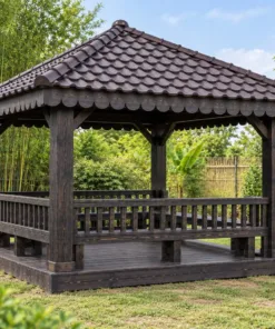 Chòi Gỗ Sân Vườn T117 - Vuông Mái Bốn Dốc Diềm Mái Gỗ Cắt Hoa Văn, Gỗ Thông Màu Gỗ Cháy