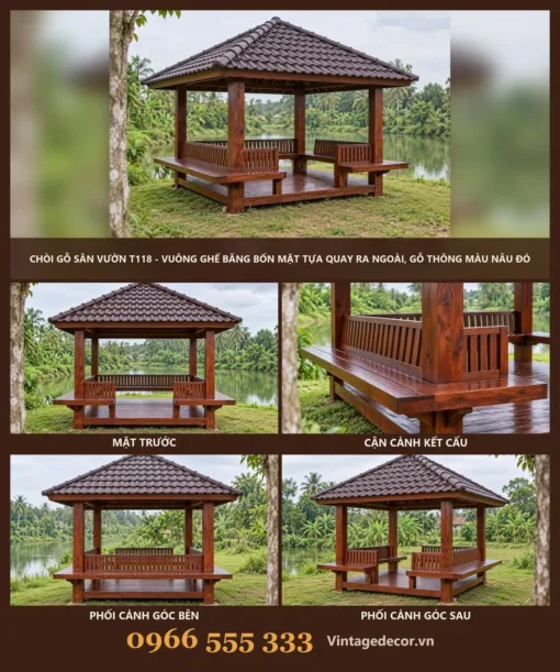 Chòi Gỗ Sân Vườn T118 - Vuông Ghế Băng Bốn Mặt Tựa Quay Ra Ngoài, Gỗ Thông Màu Nâu Đỏ Chòi Gỗ Sân Vườn T118 - Vuông Ghế Băng Bốn Mặt Tựa Quay Ra Ngoài, Gỗ Thông Màu Nâu Đỏ