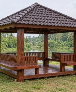 Chòi Gỗ Sân Vườn T118 - Vuông Ghế Băng Bốn Mặt Tựa Quay Ra Ngoài, Gỗ Thông Màu Nâu Đỏ