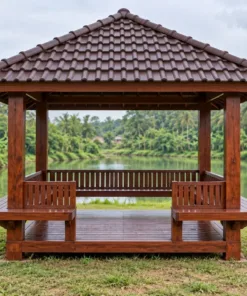 Chòi Gỗ Sân Vườn T118 - Vuông Ghế Băng Bốn Mặt Tựa Quay Ra Ngoài, Gỗ Thông Màu Nâu Đỏ