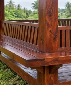 Chòi Gỗ Sân Vườn T118 - Vuông Ghế Băng Bốn Mặt Tựa Quay Ra Ngoài, Gỗ Thông Màu Nâu Đỏ