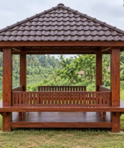 Chòi Gỗ Sân Vườn T118 - Vuông Ghế Băng Bốn Mặt Tựa Quay Ra Ngoài, Gỗ Thông Màu Nâu Đỏ