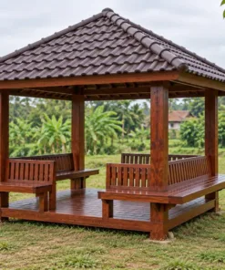 Chòi Gỗ Sân Vườn T118 - Vuông Ghế Băng Bốn Mặt Tựa Quay Ra Ngoài, Gỗ Thông Màu Nâu Đỏ
