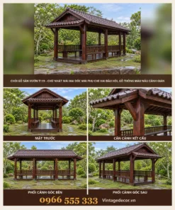 Chòi Gỗ Sân Vườn T119 - Chữ Nhật Mái Hai Dốc Mái Phụ Che Hai Đầu Hồi, Gỗ Thông Màu Nâu Cánh Gián