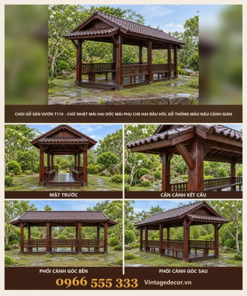 Chòi Gỗ Sân Vườn T119 - Chữ Nhật Mái Hai Dốc Mái Phụ Che Hai Đầu Hồi, Gỗ Thông Màu Nâu Cánh Gián Chòi Gỗ Sân Vườn T119 - Chữ Nhật Mái Hai Dốc Mái Phụ Che Hai Đầu Hồi, Gỗ Thông Màu Nâu Cánh Gián