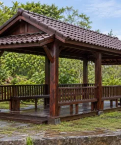 Chòi Gỗ Sân Vườn T119 - Chữ Nhật Mái Hai Dốc Mái Phụ Che Hai Đầu Hồi, Gỗ Thông Màu Nâu Cánh Gián