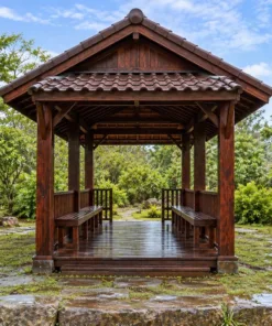 Chòi Gỗ Sân Vườn T119 - Chữ Nhật Mái Hai Dốc Mái Phụ Che Hai Đầu Hồi, Gỗ Thông Màu Nâu Cánh Gián