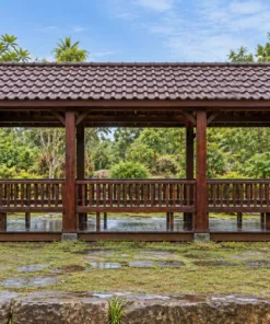 Chòi Gỗ Sân Vườn T119 - Chữ Nhật Mái Hai Dốc Mái Phụ Che Hai Đầu Hồi, Gỗ Thông Màu Nâu Cánh Gián