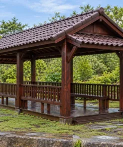Chòi Gỗ Sân Vườn T119 - Chữ Nhật Mái Hai Dốc Mái Phụ Che Hai Đầu Hồi, Gỗ Thông Màu Nâu Cánh Gián