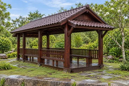 Chòi Gỗ Sân Vườn T119 - Chữ Nhật Mái Hai Dốc Mái Phụ Che Hai Đầu Hồi, Gỗ Thông Màu Nâu Cánh Gián Chòi Gỗ Sân Vườn T119 - Chữ Nhật Mái Hai Dốc Mái Phụ Che Hai Đầu Hồi, Gỗ Thông Màu Nâu Cánh Gián