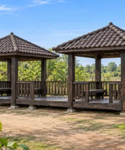 Chòi Gỗ Sân Vườn T120 - Đôi Hai Mái Chóp Nối Sàn Chung, Gỗ Thông Màu Gỗ Cháy