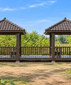 Chòi Gỗ Sân Vườn T120 - Đôi Hai Mái Chóp Nối Sàn Chung, Gỗ Thông Màu Gỗ Cháy